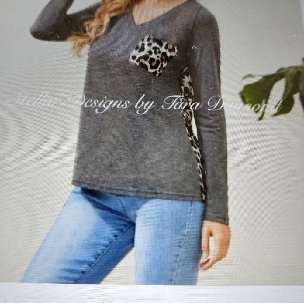 Gray Long Sleeve Top with Leopard Accent